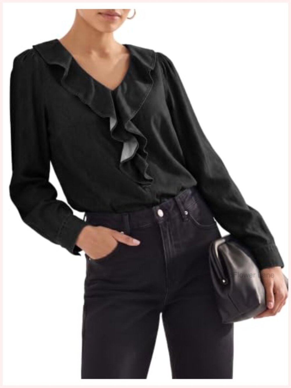 Womens Denim Shirt Ruffled V Neck Long Sleeve Button Down Blouse